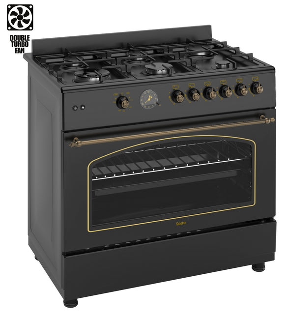 Ferre F9S60GF-BL-RETRO 90cm Gas Range Cooker With Double Turbo Fan & 6 Burner(1 Wok) Gas Hob - Black