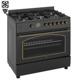 Ferre F9S60GF-BL-RETRO 90cm Gas Range Cooker With Double Turbo Fan & 6 Burner(1 Wok) Gas Hob - Black