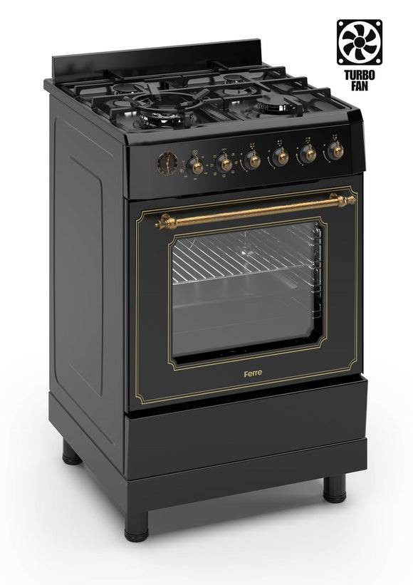 Ferre F6IP40E7-BL-RETRO-W 60cm Freestanding Dual Fuel Cooker With Wok Burner  & Turbo Fan - Matte Black