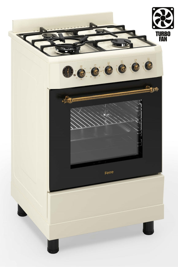 Ferre F6IP40E7-CR-RETRO-W 60cm Freestanding Dual Fuel Cooker With Wok Burner  & Turbo Fan - Cream