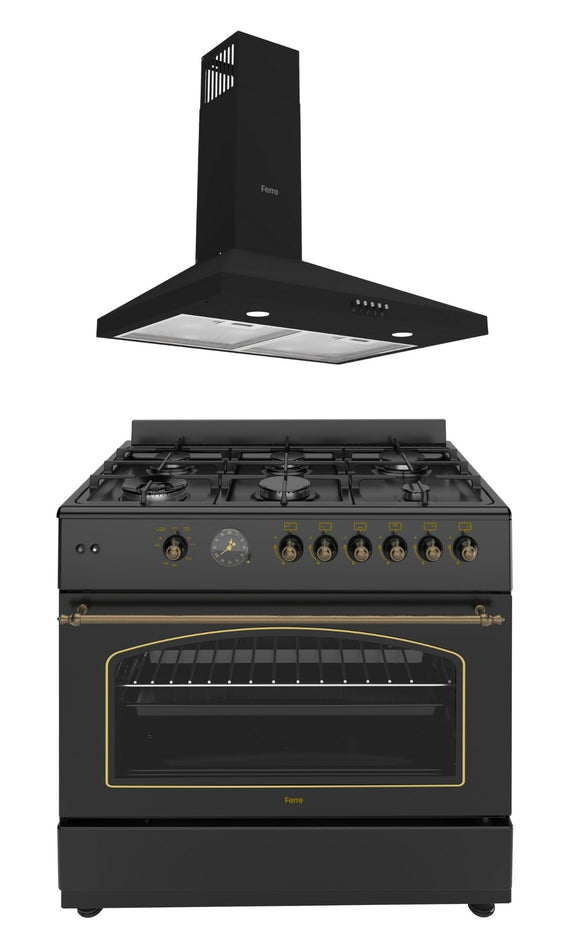 Ferre 90cm Gas Range Cooker & 60cm Pyramid Chimney Hood Pack - Black