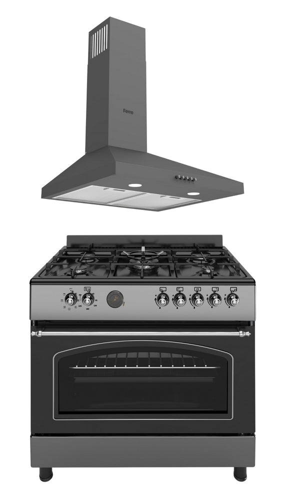 Ferre 90cm Dual Fuel Range Cooker & 50cm Pyramid Chimney Hood Pack - Anthracite - Grey
