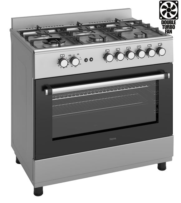 Ferre F9S60GF-IN 90cm Gas Range Cooker With Double Turbo Fan & 6 Burner(1 Wok) Gas Hob - Stainless Steel