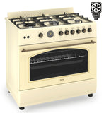 Ferre F9S60GF-CR-RETRO 90cm Gas Range Cooker With Double Turbo Fan & 6 Burner(1 Wok) Gas Hob - Cream