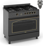 Ferre F9H50GF-BL-RETRO 90cm Gas Range Cooker With Double Turbo Fan & 5 Burner(1 Wok) Gas Hob - Black