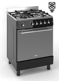 Ferre F6IP40GF-IBL-RETRO 60cm Freestanding Gas Cooker With Wok Burner & Turbo Fan -  Shiny Stainless Steel & Black