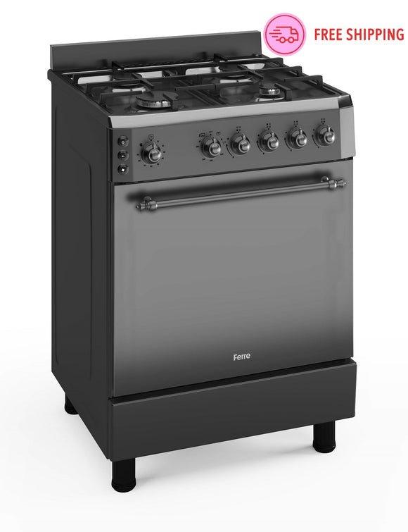 Ferre F6IP40GF-MBL-RETRO 60cm Freestanding Gas Cooker With Turbo Fan - Anthracite Stainless Steel
