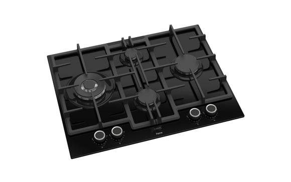 Ferre ED075WFA - 65cm FlameArt Built-in Gas Hob - 4 Burners - Cast Iron Pan Supports - Black Glass Body