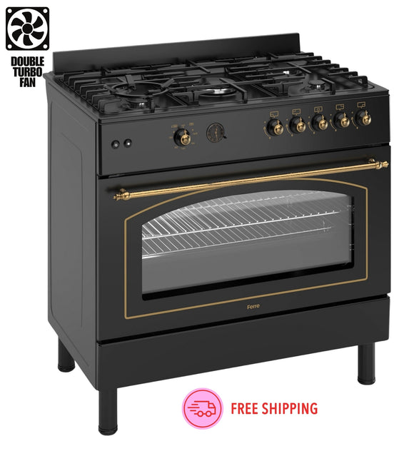 Ferre F9H50GF-BL-RETRO 90cm Gas Range Cooker With Double Turbo Fan & 5 Burner(1 Wok) Gas Hob - Black