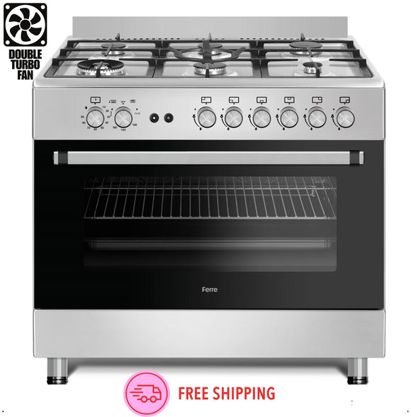 Ferre F9S60GF-IN 90cm Gas Range Cooker With Double Turbo Fan & 6 Burner(1 Wok) Gas Hob - Stainless Steel