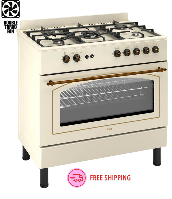 Ferre F9S50GF-CR-RETRO 90cm Gas Range Cooker With Double Turbo Fan & 5 Burner(1 Wok) Gas Hob - Cream