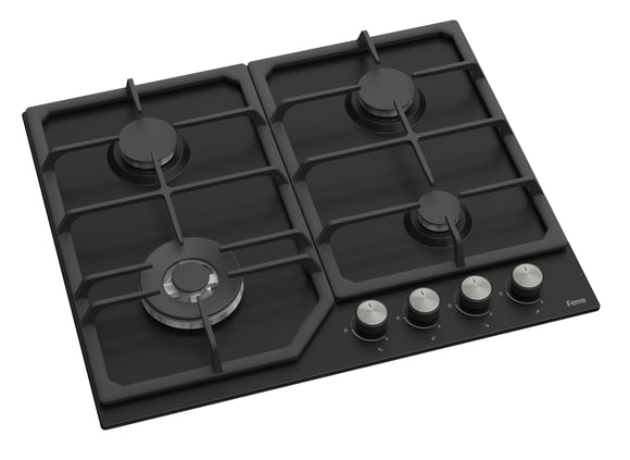 Ferre SA022/W - 60cm Built-in Gas Hob - 4 Burners - Wok Burner - Shiny Black Enamel - Cast Iron Pan Supports