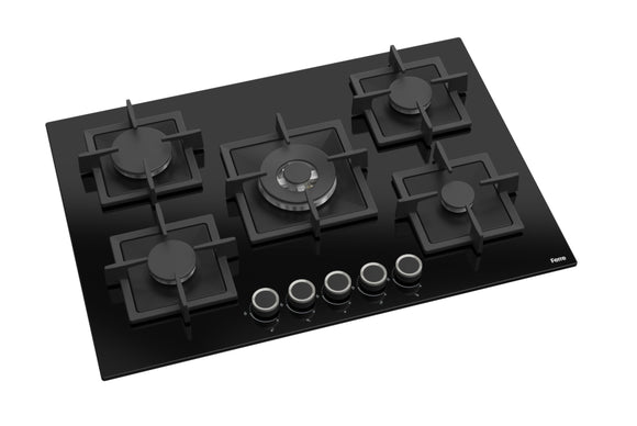 Ferre SC035 - 75cm Built-in Gas Hob - 5 Burners - Black Glass - Cast Iron Pan Supports