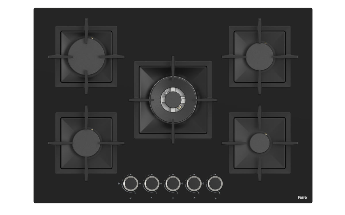 Ferre SC035 - 75cm Built-in Gas Hob - 5 Burners - Black Glass - Cast ...