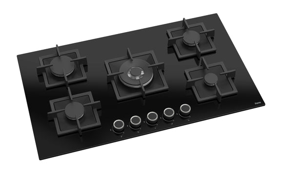 Ferre SC045 - 90cm Built-in Gas Hob - 5 Burners - Cast Iron Pan Supports - Wok Burner - Black Glass