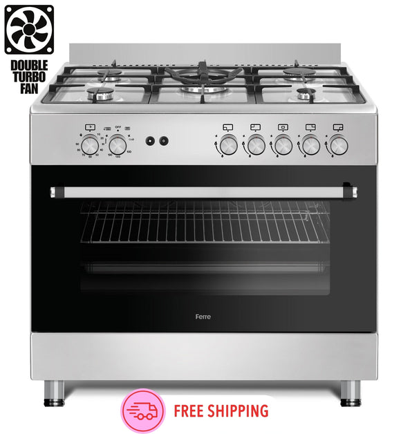 Ferre F9S50GF-X3-IN 90cm Gas Range Cooker With Double Turbo Fan & 5 Burner(1 Wok) - Stainless Steel