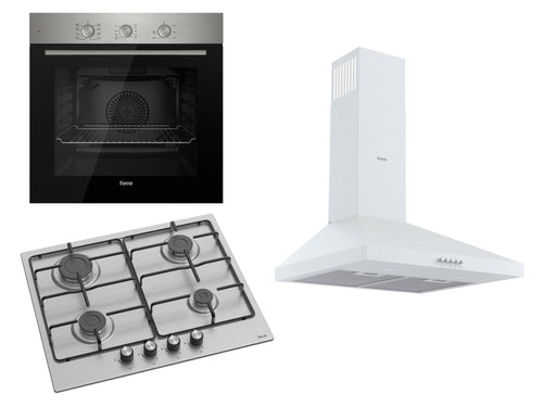 Ferre 60cm Electric Built - in Oven & Gas Hob & 50 Pyramid Cooker Hood Pack Stainless Steel - Ferre Cooker