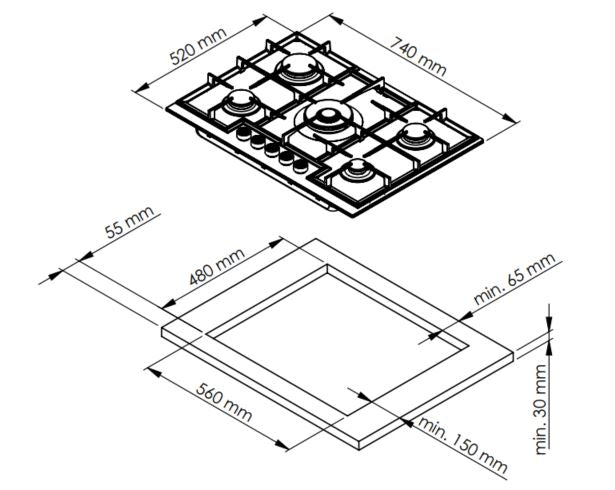 Ferre - Built In Hob Cast Iron Grid 2 Gas Burner (BL151) - Allied Home