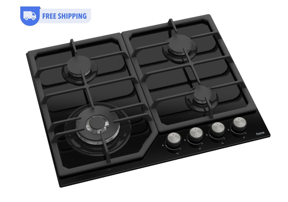 Ferre SA025/W - 60cm Built - in Gas Hob - 4 Burners - Wok Burner - Black Glass - Cast Iron Pan Supports - Ferre Cooker