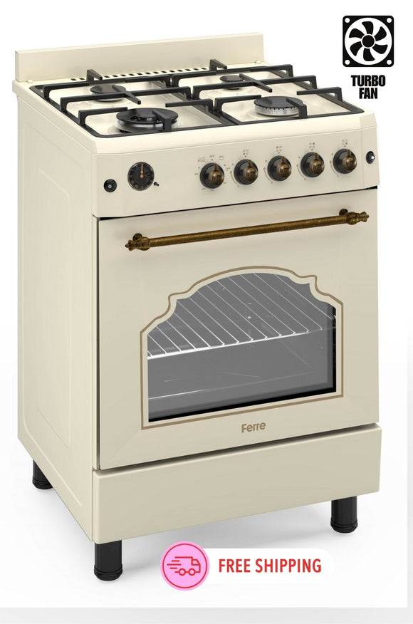 Ferre F6IP40GF-CR-RETRO-W 60cm Freestanding Gas Cooker With Wok Burner  & Turbo Fan - Cream