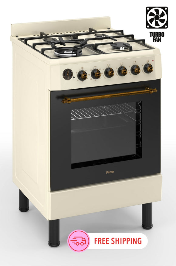 Ferre F6IP40E7-CR-RETRO-W 60cm Freestanding Dual Fuel Cooker With Wok Burner  & Turbo Fan - Cream