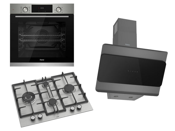 Ferre 60cm Electric Built-in Oven & Gas Hob & Chimney Cooker Hood Pack - Stainless Steel - Ferre Cooker